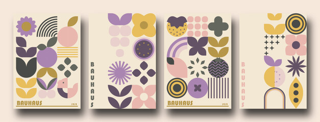 Geometric minimalist Spring / Summer posters. Modern soft bauhaus inspired shapes, primitive blocks swiss style. Trendy flowers and crops art templates.
