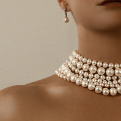 Beautiful young blondy woman with a lot of jewelry around her neck. Lots of pearl necklaces and...