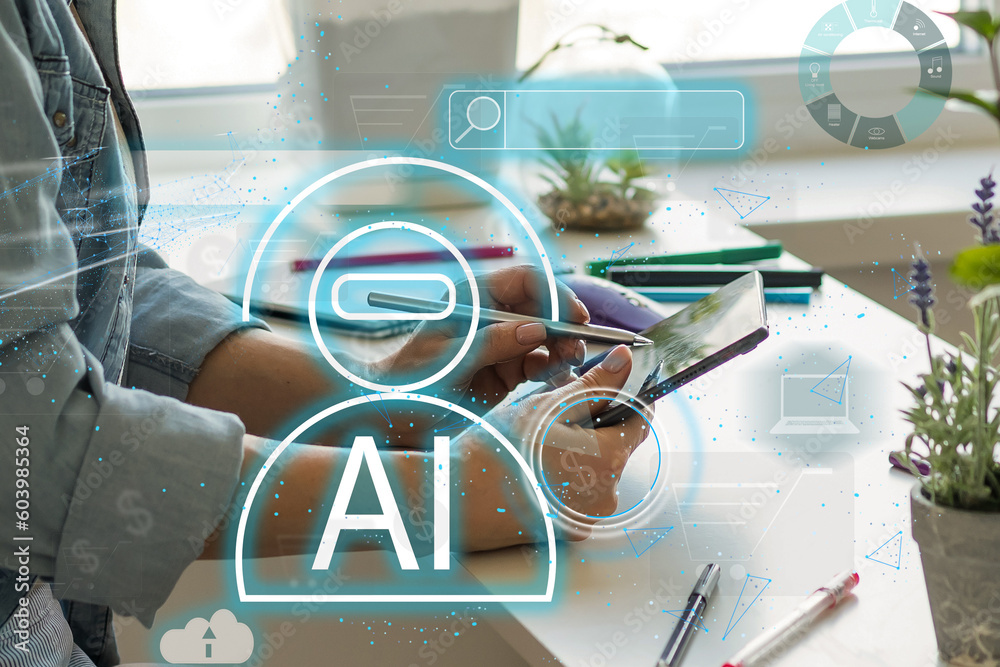 Aufkleber woman using computer chatting with an intelligent artificial intelligence asks for the answers wants