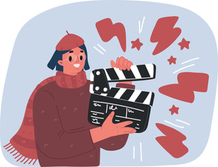 Vector illustration of Movie assistance concept. Young clapperboard girl fires take for movie camera. Video recording, film or series production. Director on set or woman assistant.
