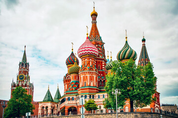 Fototapeta na wymiar Moscow,Russia,Basil's Cathedral and Spasskaya Tower.