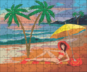Puzzles. Hello summer. girl in a bathing suit under an umbrella on the seashore Palms, sun, sea. Cartoon. 120 pcs.