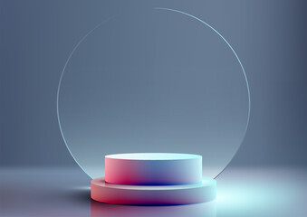 3D realistic blue and pink neon gradient colors empty podium stand steps with transparent glass circle backdrop on gray background.