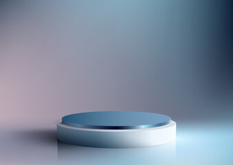 3D realistic empty white and blue podium stand on blue background and natural lighting
