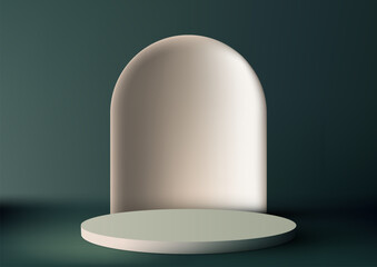 3D realistic modern style light green podium with geometric rounded backdrop on green background