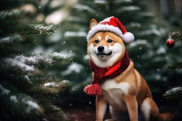 Shiba Inu wearing Christmas costume, Festive vibe
