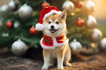 Fototapeta na wymiar Shiba Inu wearing Christmas costume, Festive vibe