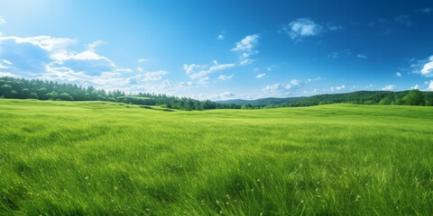 Fototapeta premium Campo verde di erba fresca con cielo azzuzzo