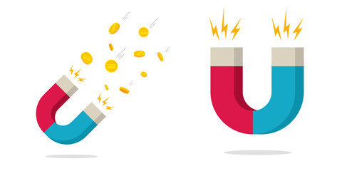 Magnet 3d icon vector and earn attract money cash force power of wealth rich graphic illustration, financial success energy feature concept clipart image