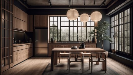 Modern European kitchen made of natural materials with a dining area. Monochrome natural tones, wooden furniture, panoramic windows with a beautiful view. Eco style for life. Generative AI