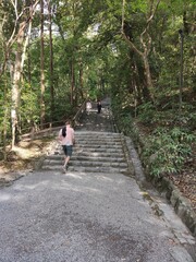 Grand escalier en pierre historique, en plein milieu d'une fôret dense et de verdure, sur le flanc de la montagne, avec quelques gens gravissant les marches, effort physique pour atteindre le sommet, 