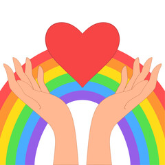 Heart in hands. Vector illustration in a flat style with rainbow. 