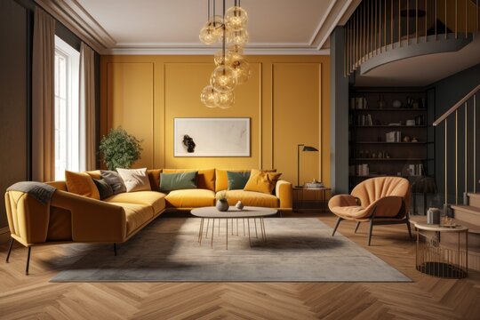 Classic living room with modern sofa, large windows, wooden floor, picture on the wall, potted plants. Walls and upholstered furniture in trendy shades of yellow. Nice staircase to the Generative AI