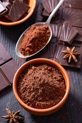 Ground cocoa and star anise in a ceramic plate and 