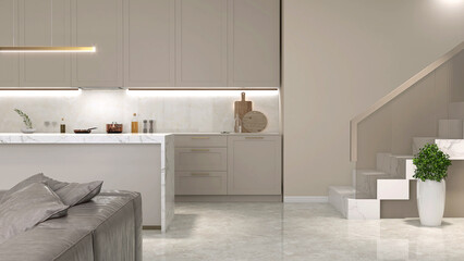 Modern white marble top dining table island, sofa, cabinet counter, cupboard, cantilever stair, tempered glass panel balustrades, brown handrail for interior design decoration product background 3D