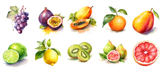 watercolor set of fruits with transparent background, generated ai
