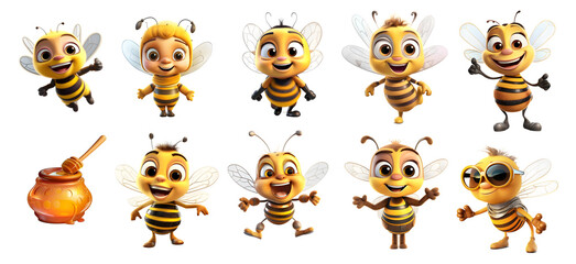 set of cute bee, honey bees with transparent background, Sticker, generated ai