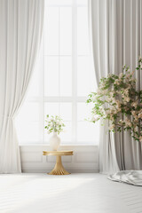 Enchanting Atmosphere: Golden Ratio Composition of a Beautiful White Room with Elegant Curtains and Dreamy Ambiance