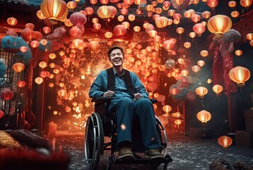 Fototapeta na wymiar A happy Chinese man in a wheelchair launches a Chinese lantern into the sky. Generative AI.