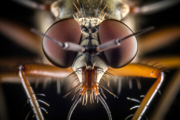 Close up macro biting mosquito portrait with dark background. Mosquitoes suck the blood of animals and people skin. Insect bites and leishmaniasis prevention campaign concept. Generative AI.