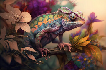 Fototapeta premium Image of brightly colored chameleons with colorful tropical flowers. Reptile. illustration. Generative AI.