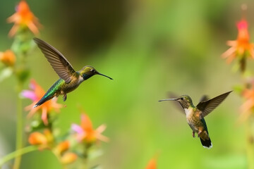 Fototapeta na wymiar Image of hummingbird in flight feeding on flower nectar on natural background. Birds. illustration, generative AI