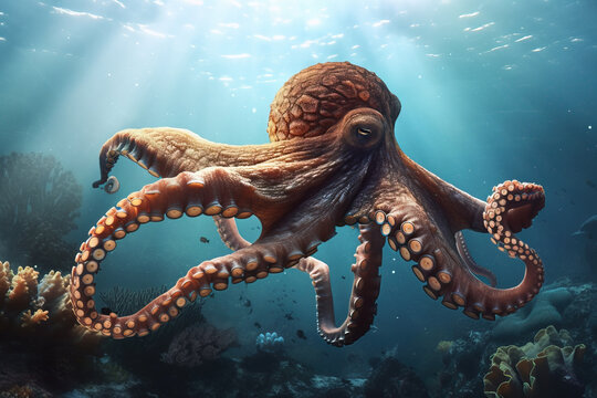 image of a giant octopus swimming under the sea. underwater animals. illustration, generative AI.