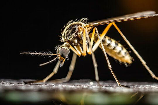 Close up macro biting mosquito portrait with dark background. Mosquitoes suck the blood of animals and people skin. Insect bites and leishmaniasis prevention campaign concept. Generative AI.