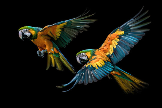 Image of beautiful colorful macaw parrot are flying on black background. Wildlife Animals. Bird. Illustration. Generative AI.