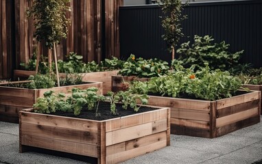 Raised bed garden with plants. Home gardening concept with raised bed gardens Generative AI