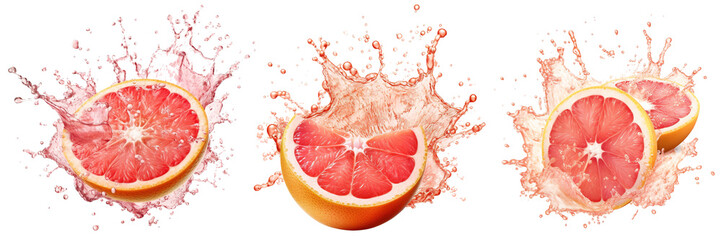 grapefruit with dynamic grapefruit juice splash variations on transparent background