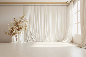Enchanting Atmosphere: Golden Ratio Composition of a Beautiful White Room with Elegant Curtains and Dreamy Ambiance