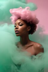 Beautiful afro american black woman with an afro hairstyle standing in a huge purple green cloud of smoke. Generated AI.