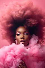 Beautiful afro american black woman with an afro hairstyle and ear rings standing in a huge pink cloud of smoke. Generated AI.