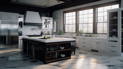 Spacious modern American-style kitchen in a country house with a kitchen island and a large work surface. Combination of white and dark wood. Comfortable space. Generative AI