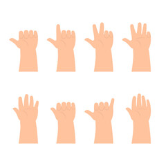 Hands of kids counting number six to nine and posing hand signal with palms facing up set in flat design vector