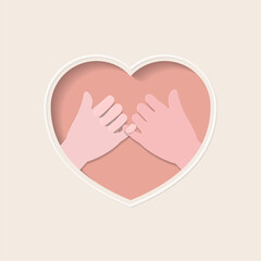 Two hands  of lovers making a pinky promise in pink heart shaped frame paper cutting art vector