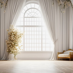 Floral Serenity: Golden Ratio Composition of a Beautiful White Room with Gorgeous Furniture and Blooming Flowers