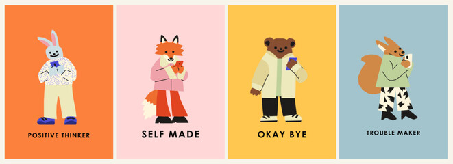 Cute antrophomorphic animals with phones, funny slogan