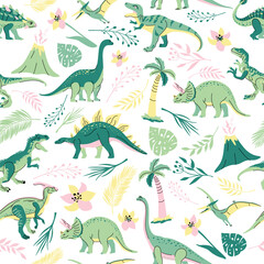 Seamless pattern with bright dinosaurs and green plants including T-rex, Brontosaurus, Triceratops, Velociraptor, Pteranodon, Allosaurus, etc. Isolated on white