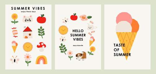 Summer vibes poster collection, motivating slogan - obrazy, fototapety, plakaty