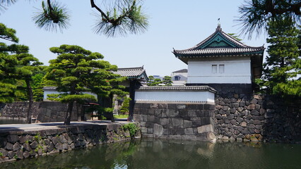 Fototapeta na wymiar Promenade au bord d'un grand mur ou muraille du jardin impérial de Tokyo, avec un lac transparent et limpide, des arbres au-dessus du mur, cité incourtounable et touristique, en plein centre ville