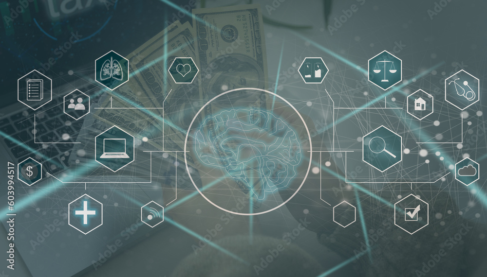 Poster artificial intelligence service business web computing iot integration concept. ai gear icon on disp