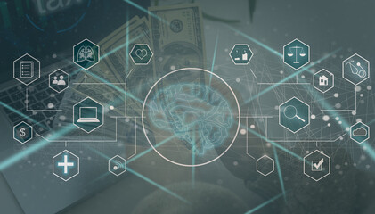 Artificial intelligence service business web computing IoT integration concept. AI gear icon on display smartphone. Smart house big data unmanned management process, development engineering technology