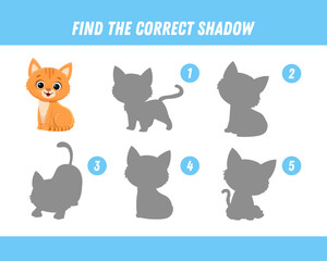 Find correct shadow of cute red kitten. Educational logical game for kids. Cartoon cat. Vector illustration