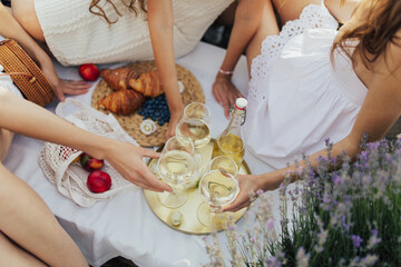 Close-up of hands holding glasses with white wine during summer picnic. Celebration and friendship...