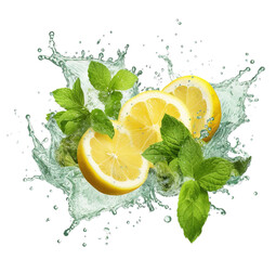 refreshing lemon juice splash liquid explosion with mint leaves on transparent background - obrazy, fototapety, plakaty