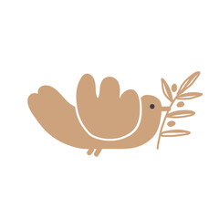 Cartoon bird with olive twig. Premium olive oil logo or element of peace day. Dove symbol icon, isolated vector illustration