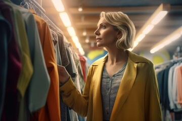 Naklejka na ściany i meble An adult woman chooses clothes in a store, dresses, blouses. Generative AI