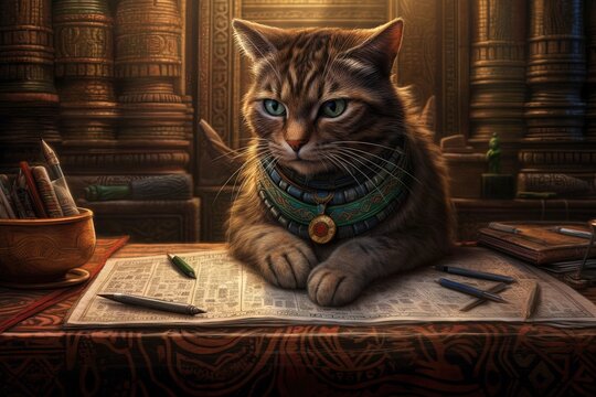 Egyptian scriba Cute cat holding pencil writing and sketching on paper illustration generative ai
